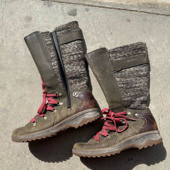 Merrell Bungee Cord Hiking Boots Army Green Red Lace 8.5 - Picture 2 of 5